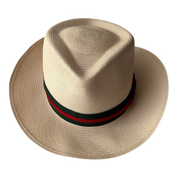 Handcrafted Straw Panama Style Hat with Green and Red Grosgrain Ribbon - Picture 2 of 7